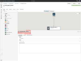 Visual builder canvas is displayed. The supervisor agent is select and displaying the Configuration tab. Visual builder canvas is displayed. The supervisor agent is select and displaying the Configuration tab.