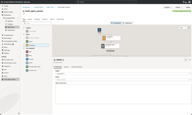 Visual build canvas. A chat trigger node is connected to a supervisor agent, which is connected to two agent nodes, AGENT_1 and AGENT_2. AGENT_1 is connected to two tool nodes, SQL_1 and HTTP_1. Visual build canvas. A chat trigger node is connected to a supervisor agent, which is connected to two agent nodes, AGENT_1 and AGENT_2. AGENT_1 is connected to two tool nodes, SQL_1 and HTTP_1.