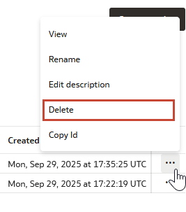 Actions three-dot menu open for catalog with Delete highlighted