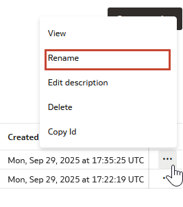 Actions three-dot menu open for catalog with Rename highlighted