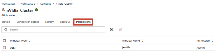 Cluster page open with the Permissions tab highlighted