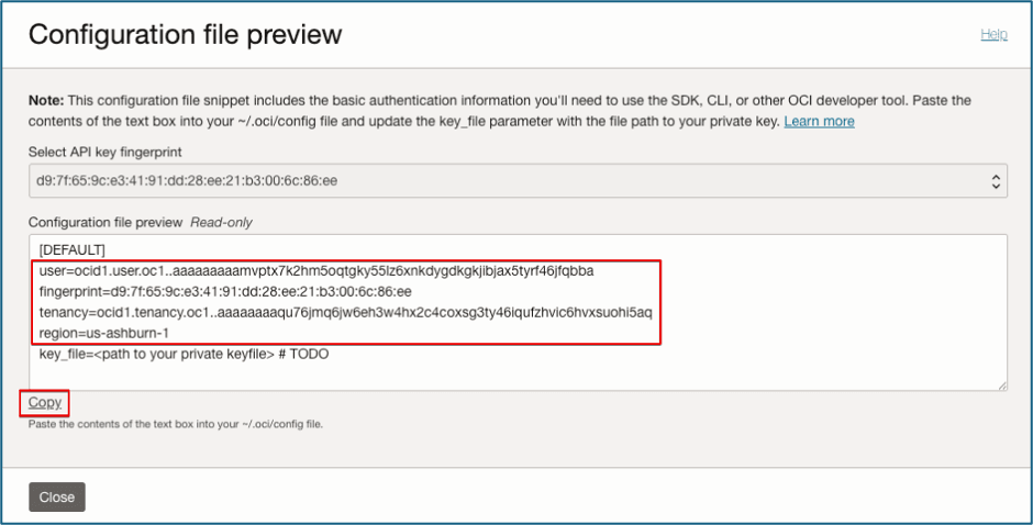 API Key with user, fingerprint, tenancy, and region highlighted and Copy highlighted