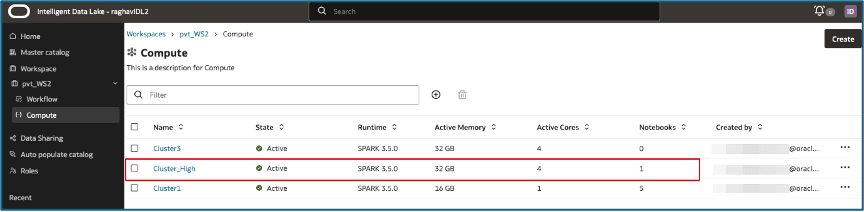 Compute page open with Cluster_High compute cluster highlighted