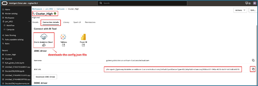 Compute page for Cluster_High cluster open with Connection details tab and Oracle Analytics Cloud download highlighted