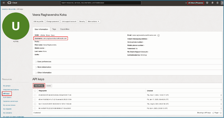 OCI user profile open with username, API Keys, and Add API Keys highlighted