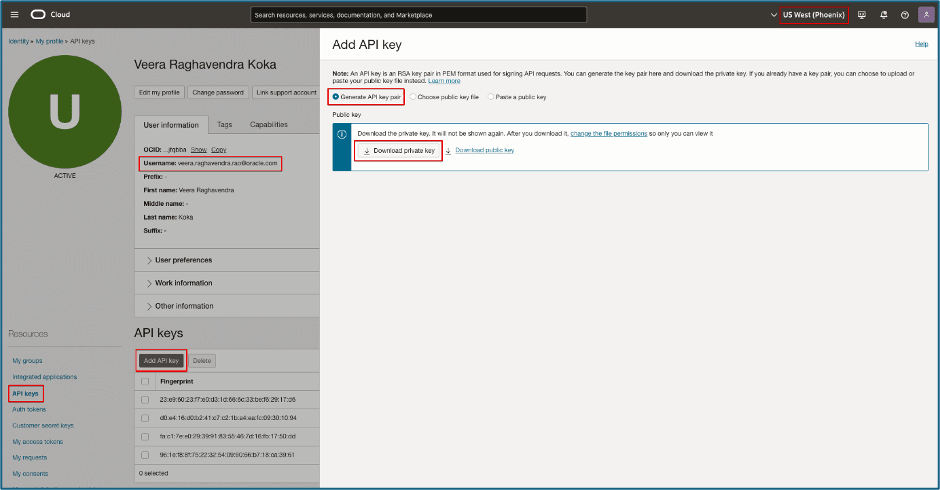 Add API key page open with Generate API key pair selected and Download private key highlighted