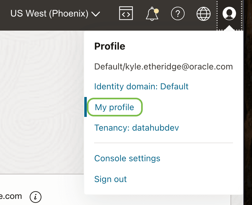 OCI home page with user open an My Profile highlighted