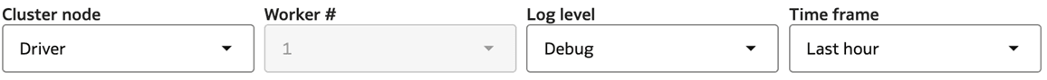 Log filters for Driver and Worker Logs, Cluster Note, Worker #, Log level, Time frame