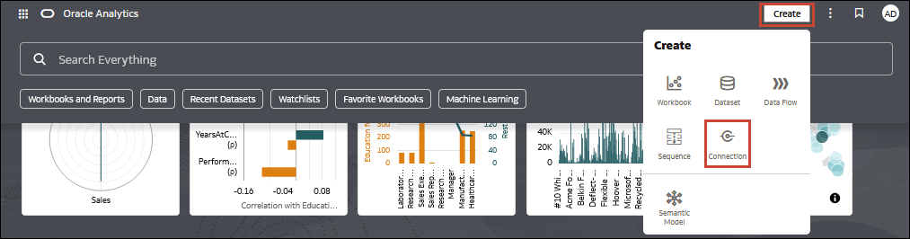 Oracle Analytics Cloud home page with Create and Connection highlighted