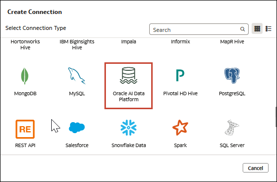 Create Connection dialog open with Oracle AI Data Platform highlighted