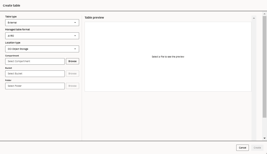 Create table page open with table type External selected