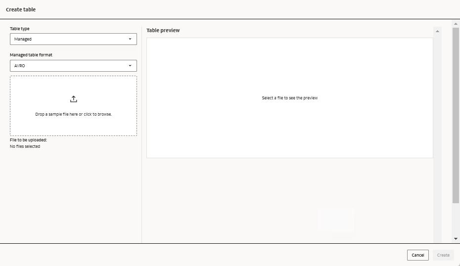 Create table tray with table type Managed selected