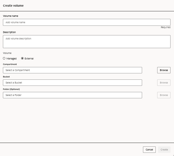 Create volume page open with the External volume type selected