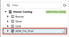 Master catalog tree view with the spinning In Progress icon next to the highlighted catalog