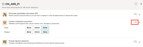 Guardrails configuration. The toggle for Content moderation prevention is highlighted.
