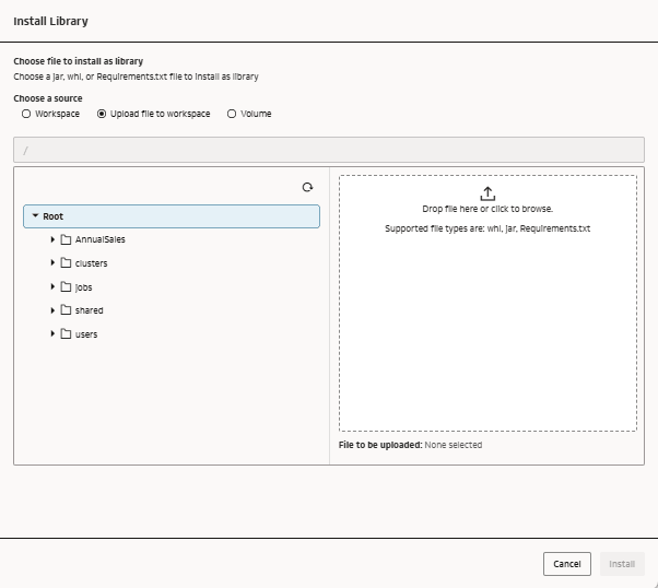 Install Library page with Upload file to workspace option selected