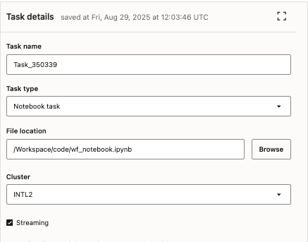 Create Task details page open with the Streaming checkbox selected