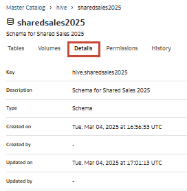 Schema page with Details tab highlighted and details displayed
