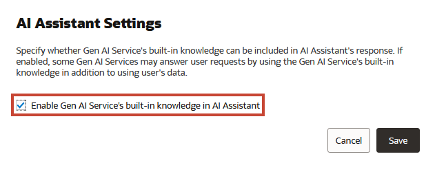 AI Assistant Settings prompt open with Enable Gen AI Service's built-in knowledge in AI Assistant selected
