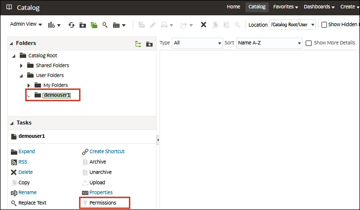 Catalog page in Oracle Analytics Cloud Classic