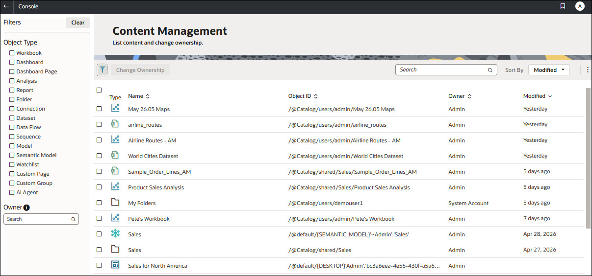 Content Management main screen
