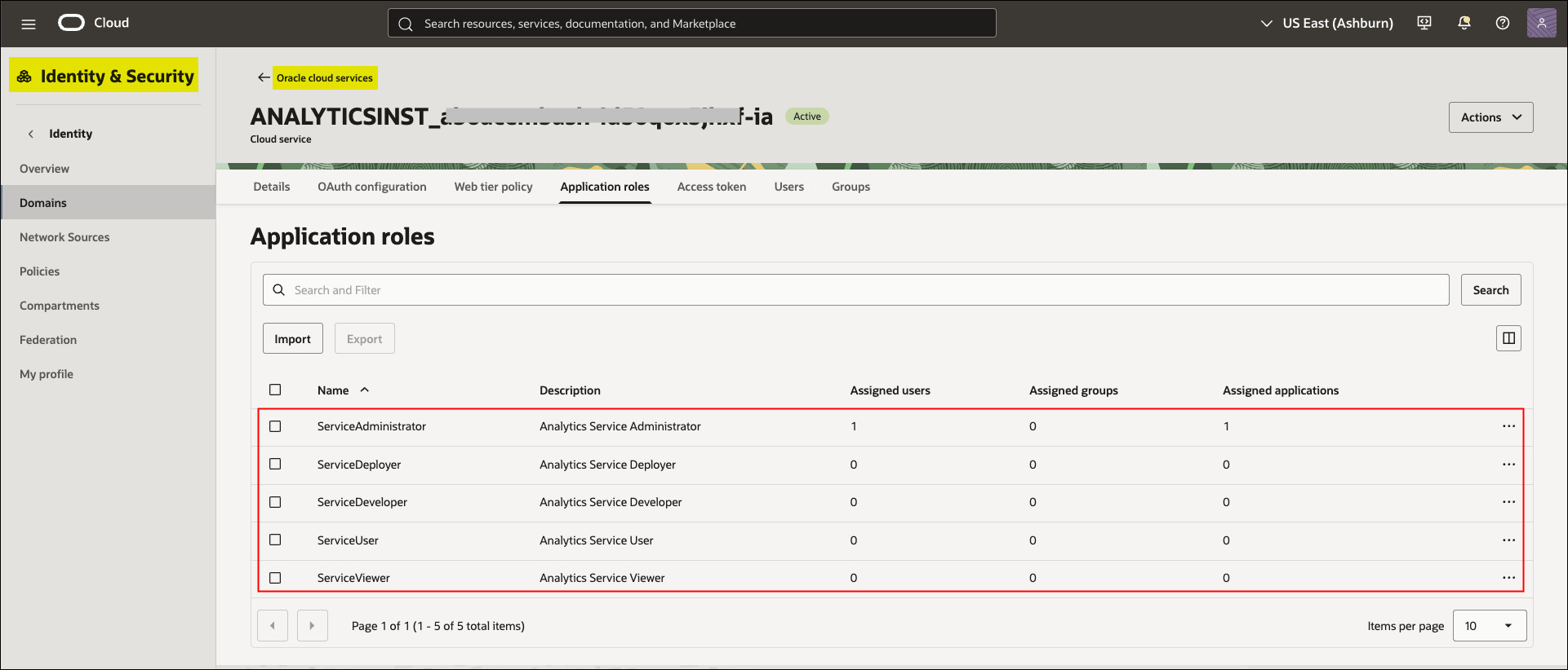Predefined application roles available in your identity domain
