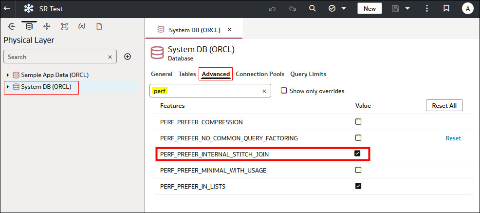 Advanced database tab with PERF_PREFER_INTERNAL_STITCH_JOIN enabled