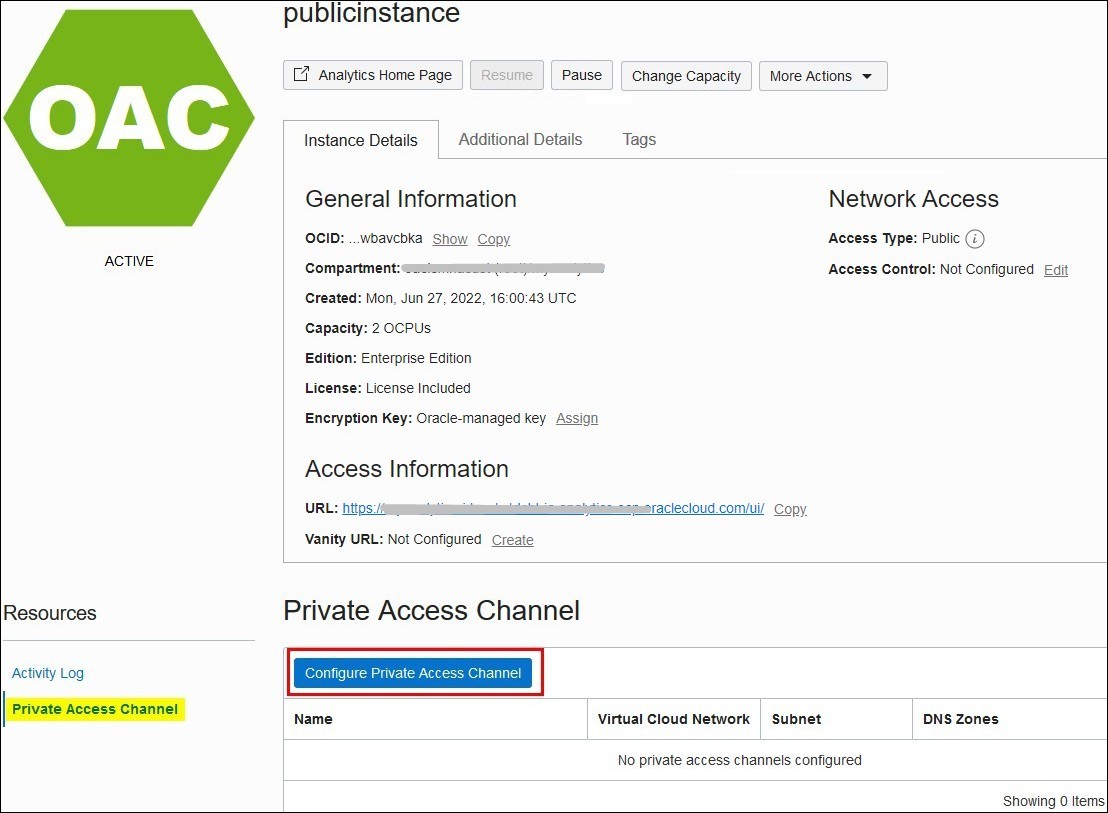 Configure Private Access Channel button