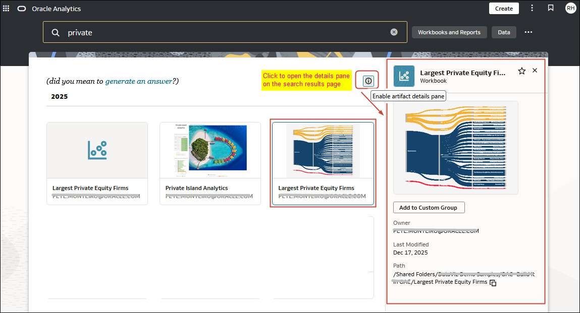 Details pane on the search results page Details pane on the search results page