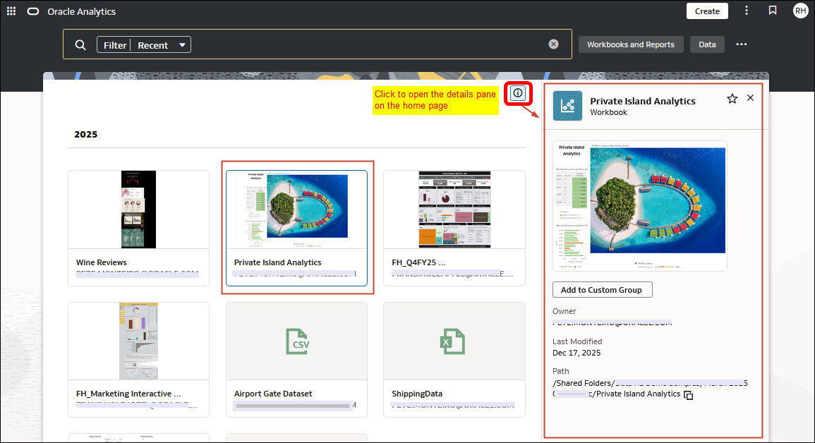 Details pane on the home page Details pane on the home page