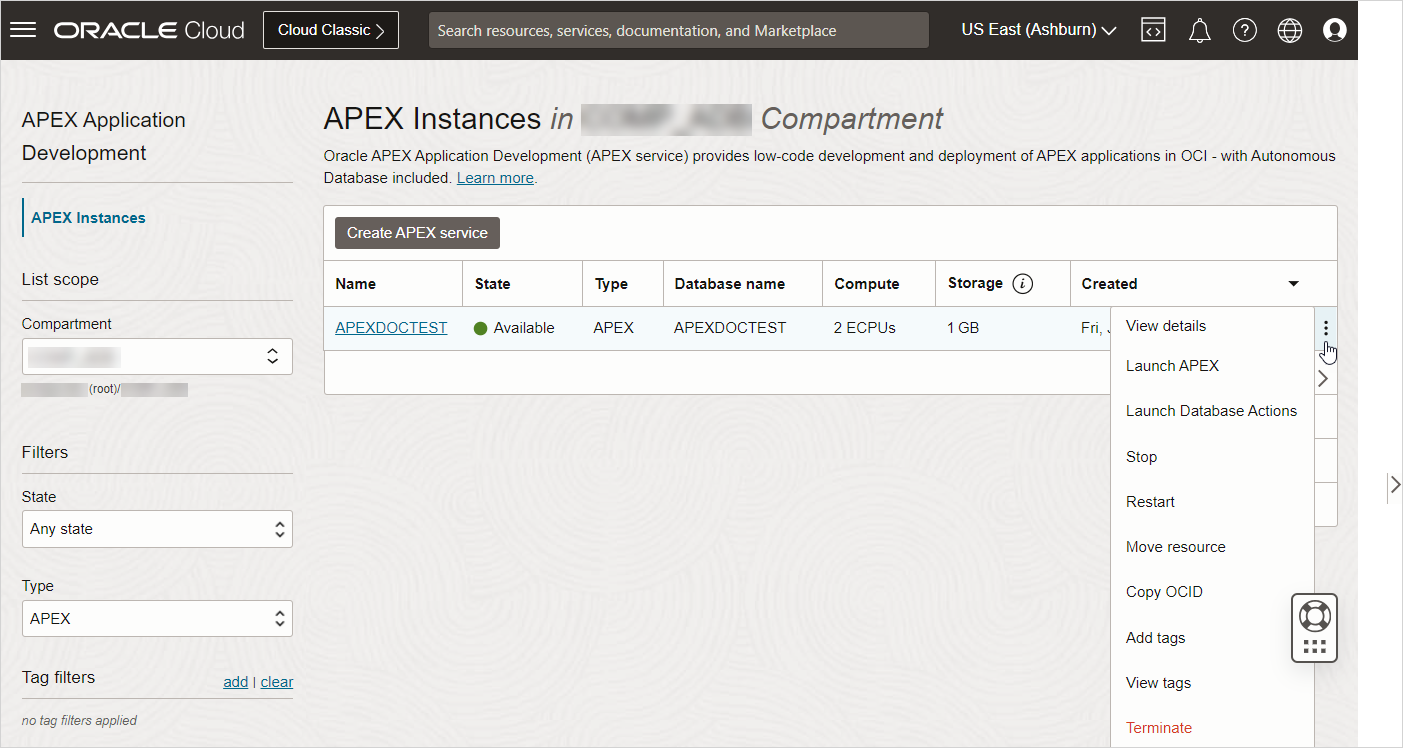 Description of apex_instances_page.png follows