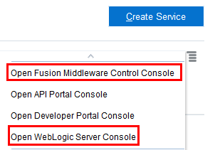 On the My Services page, the Actions menu is expanded for an Oracle API Platform Cloud Service - Classic instance. The Open Fusion Middleware Control Console and Open WebLogic Server Console entries are highlighted.