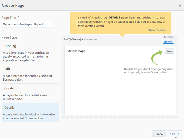 Create Page wizard