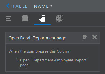 Actions tab of Table Property Inspector