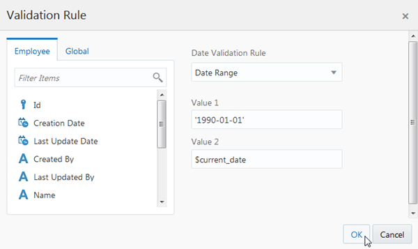 Validation Rule dialog box