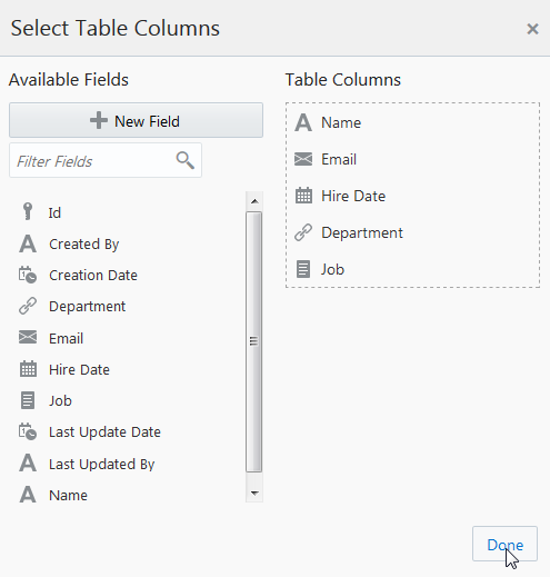 Select Table Columns dialog box