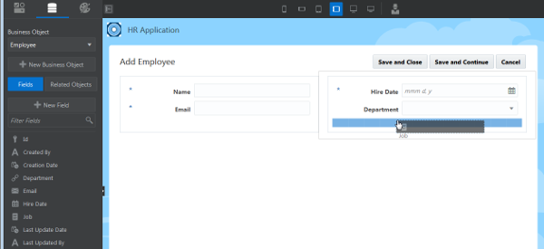 Data palette and Create Employee page