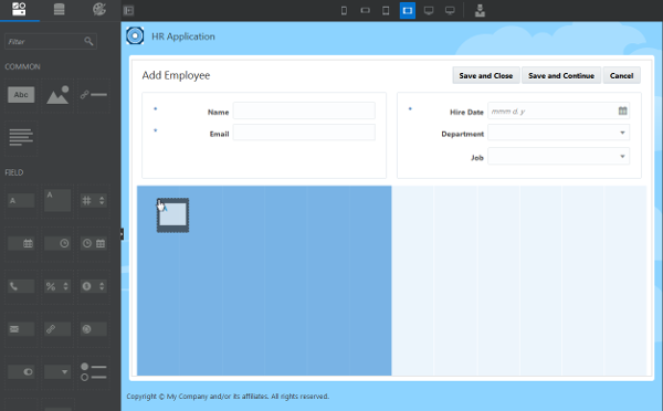 Components palette and Create Employee page