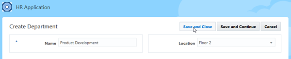 Create Department page in Test Application mode