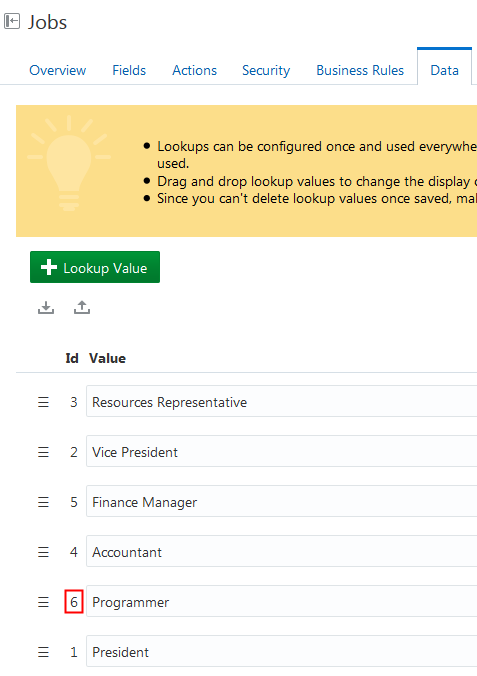 Data tab for Jobs business object