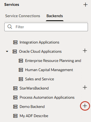 Image shows a list of custom backends in the Backends tab. The + sign next to the Demo Backend custom backend is highlighted.