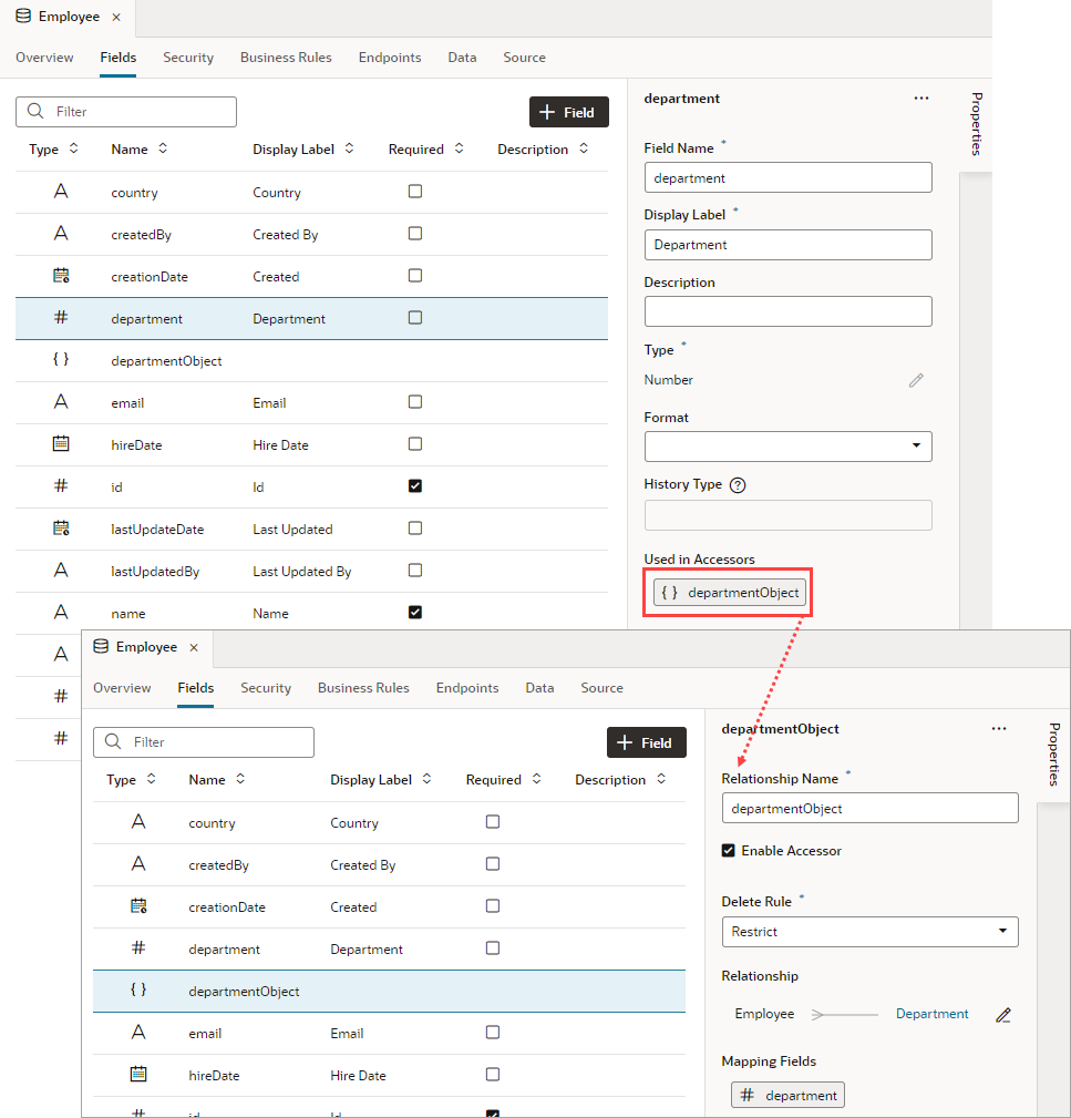 This image shows the properties of a referenced field in the Properties pane, where the specific relationship shows under Relationship.