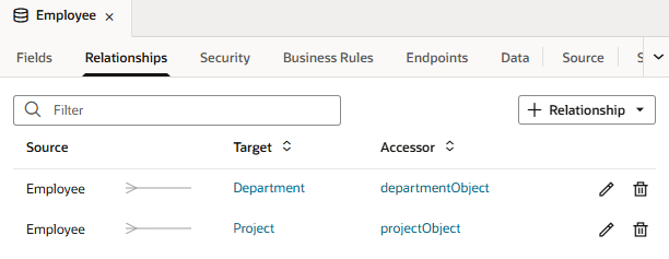 This image shows a business object's Relationships tab, where two relationships are shown in the list This image shows a business object's Relationships tab, where two relationships are shown in the list