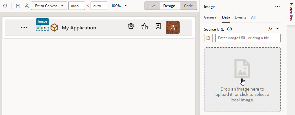 Image shows an empty image component in the application header. On the right, the Data tab in the Properties pane shows where you can drag and drop an image of your logo.