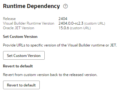 Runtime Dependency section when a custom version is set. The option to Revert to default is enabled.