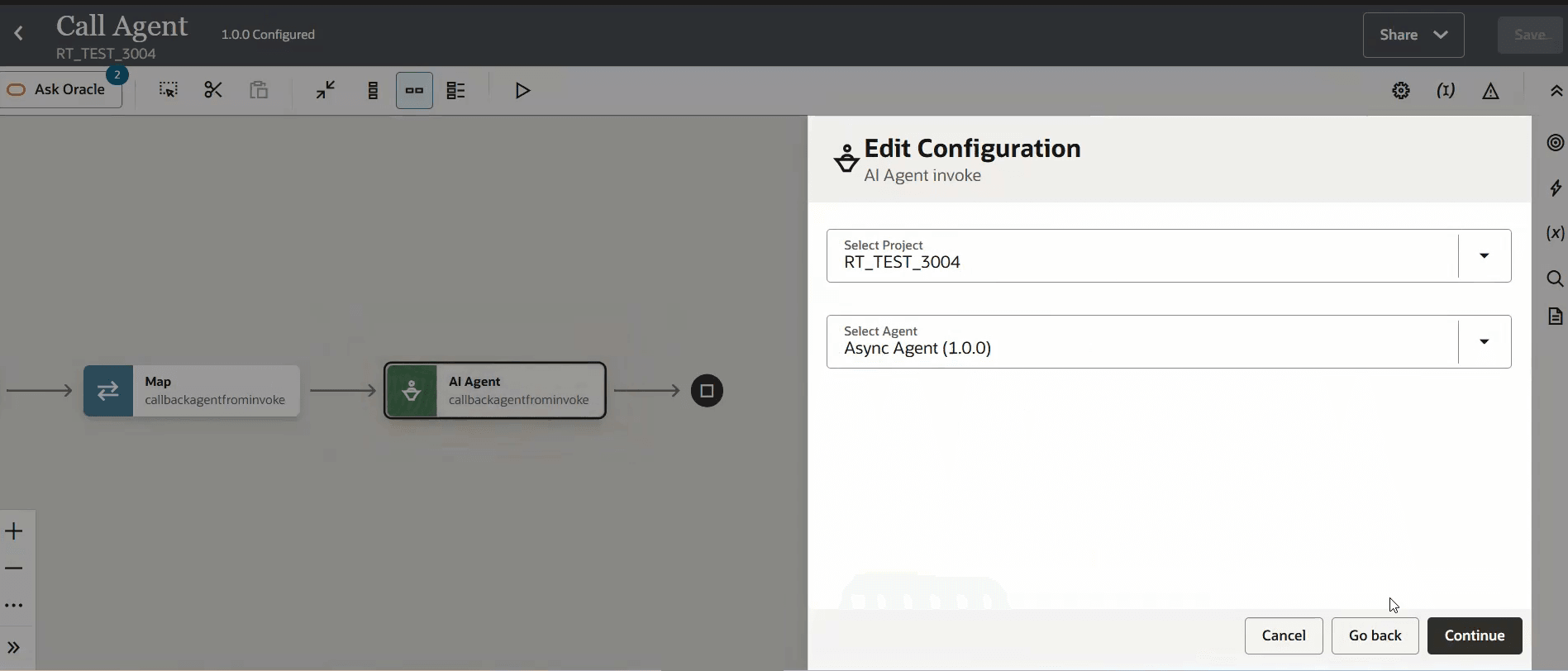 Edit Configuration panel for an AI Agent invoke action with project RT_TEST_3004 and Async Agent (1.0.0) selected before continuing.