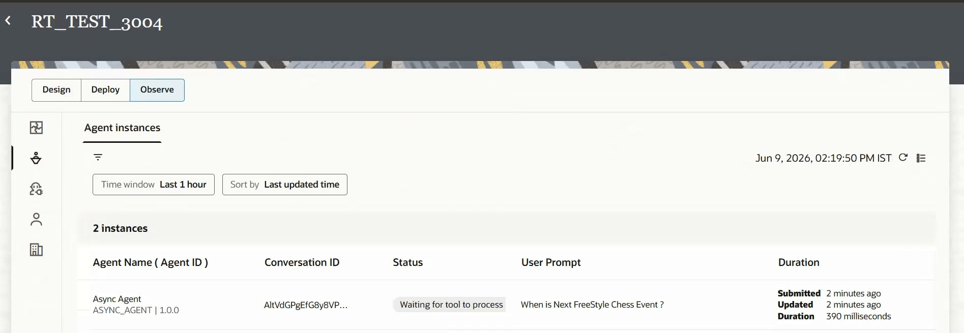 Agent Instances page showing an AI agent with the status "Waiting for tool to process".