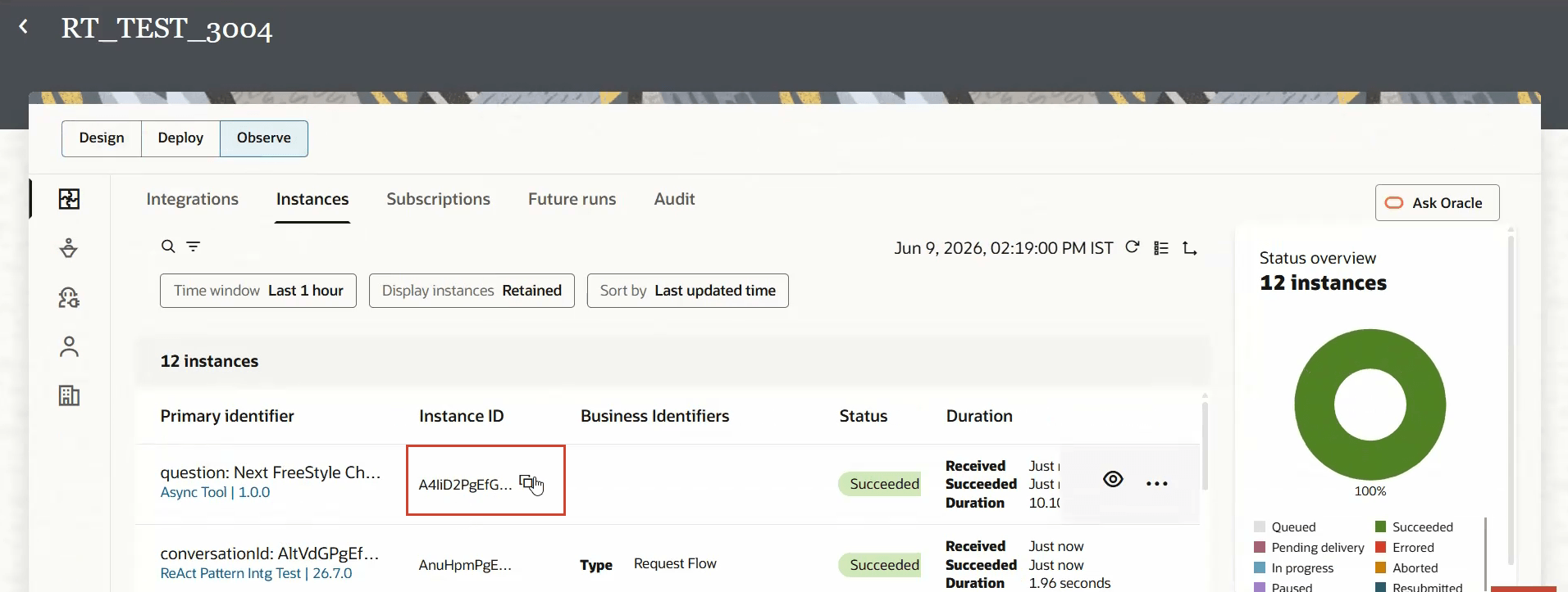 Observe Instances page showing completed integration instances with status, duration, and a status overview chart.