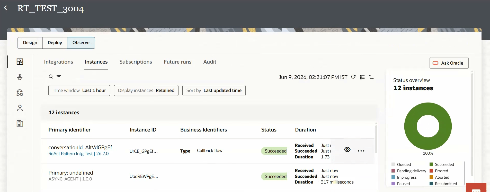 Observe Instances page showing the callback flow completed successfully.