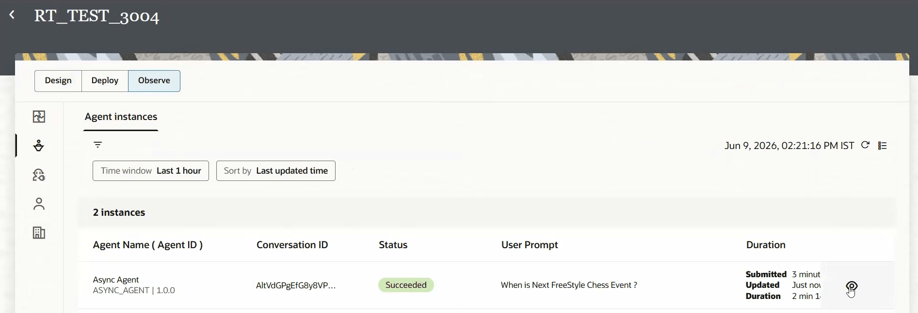 Agent Instances page showing the Async Agent completed successfully